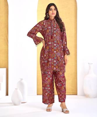 Red chanderi silk embroidered Co-ord set  1