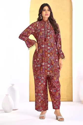 Red chanderi silk embroidered Co-ord set 