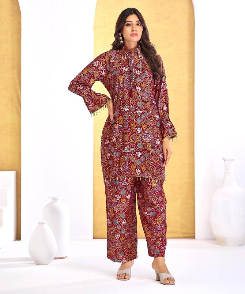 Red chanderi silk embroidered Co-ord set 