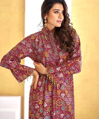 Red chanderi silk embroidered Co-ord set  2
