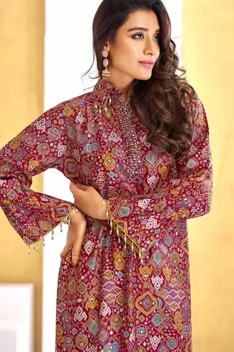 Red chanderi silk embroidered Co-ord set 