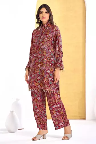 Red chanderi silk embroidered Co-ord set 