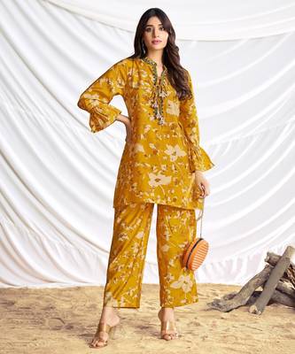 Mustard cotton embroidered Co-ord set  1