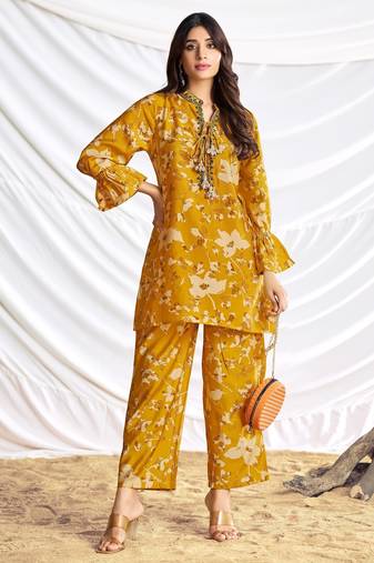Mustard cotton embroidered Co-ord set 