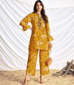 Mustard cotton embroidered Co-ord set 