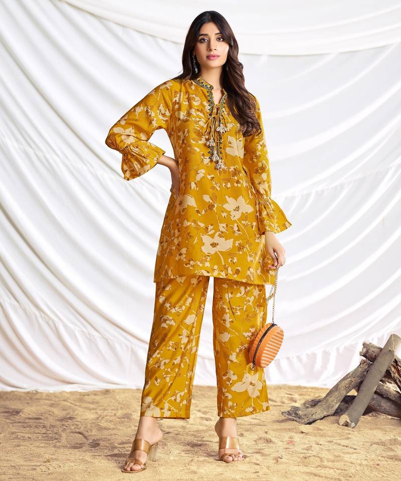 Mustard cotton embroidered Co-ord set 
