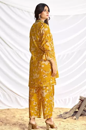 Mustard cotton embroidered Co-ord set 