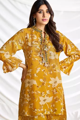 Mustard cotton embroidered Co-ord set 