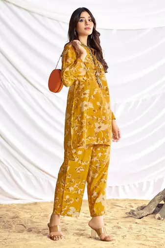 Mustard cotton embroidered Co-ord set 
