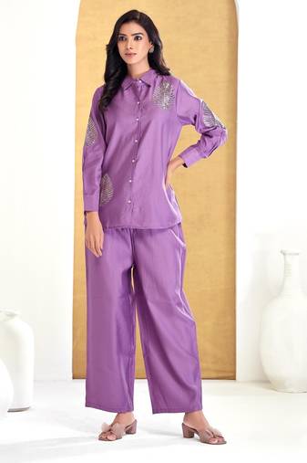 Purple silk embroidered Co-ord set 