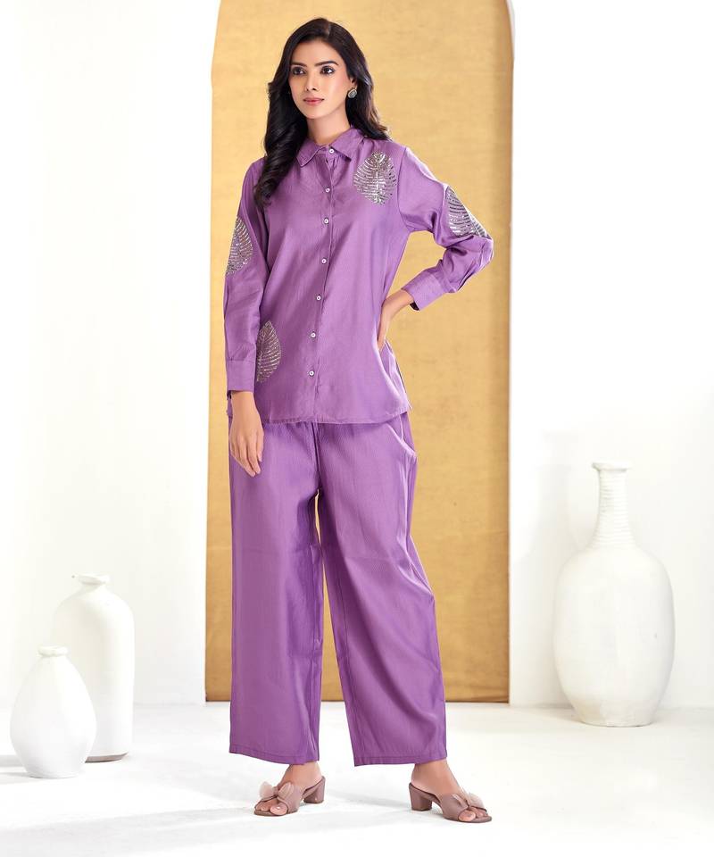 Purple silk embroidered Co-ord set 