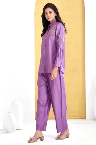Purple silk embroidered Co-ord set 