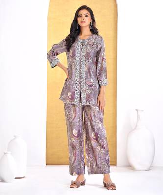 Coral chanderi silk embroidered Co-ord set  1