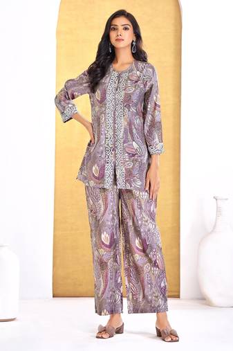 Coral chanderi silk embroidered Co-ord set 