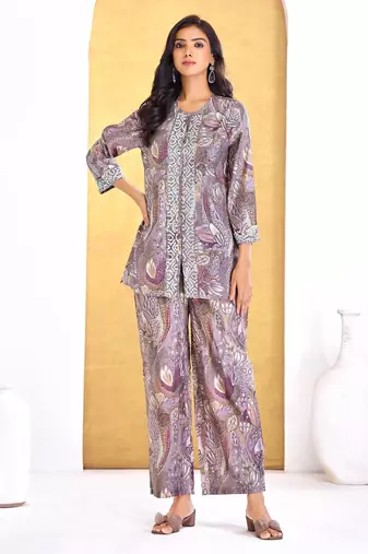 Coral chanderi silk embroidered Co-ord set 