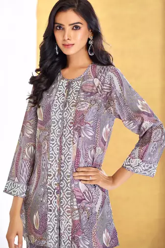 Coral chanderi silk embroidered Co-ord set 