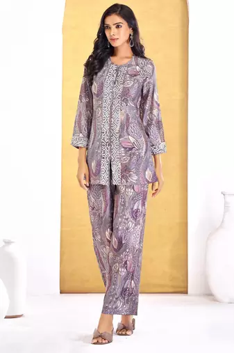 Coral chanderi silk embroidered Co-ord set 