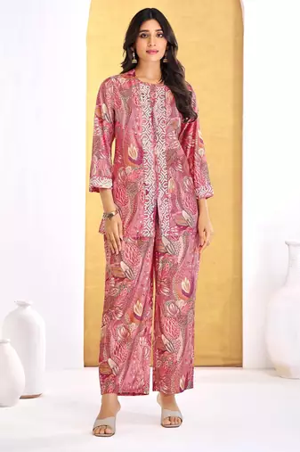 Orange chanderi silk embroidered Co-ord set 