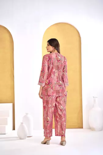 Orange chanderi silk embroidered Co-ord set 