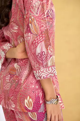 Orange chanderi silk embroidered Co-ord set 