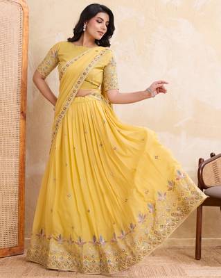 Enchanting yellow Embroidery sequins work Star Georgette Indian wedding lehenga Choli dress 1