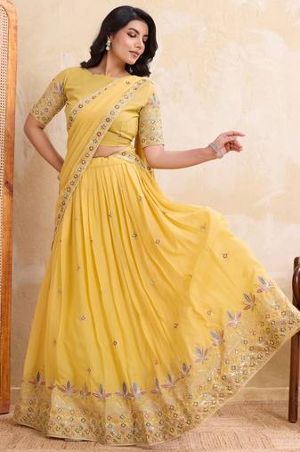 Enchanting yellow Embroidery sequins work Star Georgette Indian wedding lehenga Choli dress