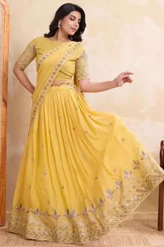 Enchanting yellow Embroidery sequins work Star Georgette Indian wedding lehenga Choli dress