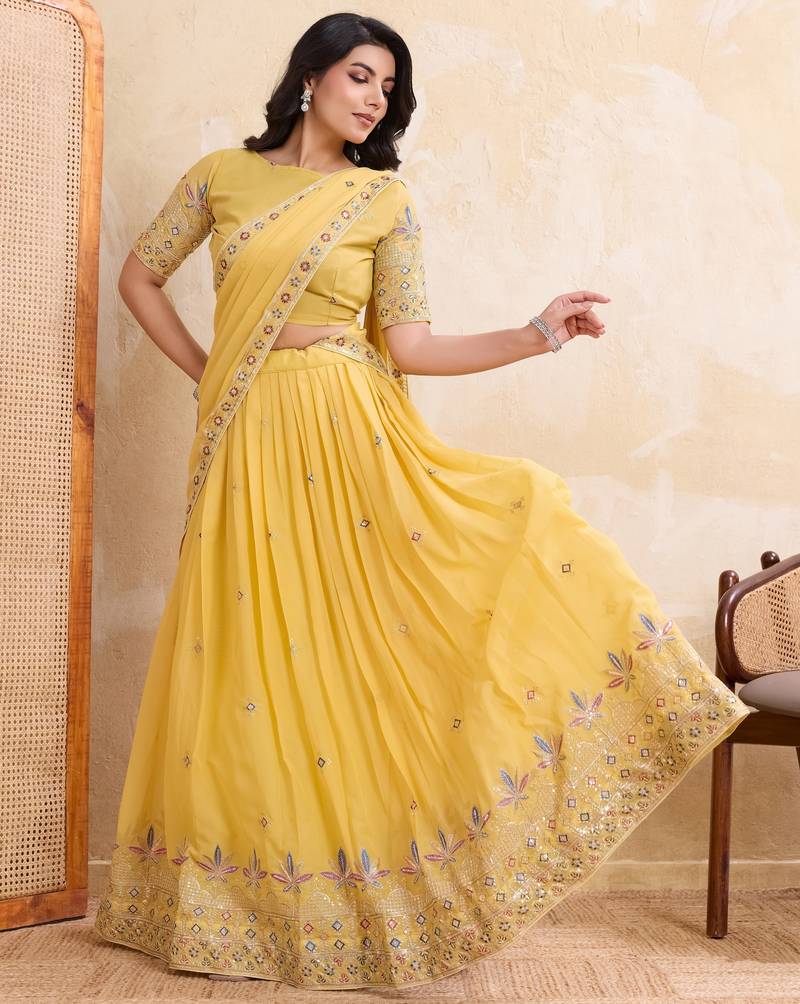 Enchanting yellow Embroidery sequins work Star Georgette Indian wedding lehenga Choli dress
