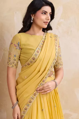 Enchanting yellow Embroidery sequins work Star Georgette Indian wedding lehenga Choli dress