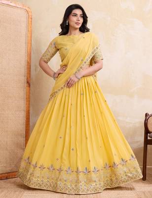 Enchanting yellow Embroidery sequins work Star Georgette Indian wedding lehenga Choli dress 3