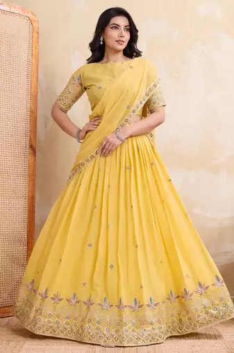 Enchanting yellow Embroidery sequins work Star Georgette Indian wedding lehenga Choli dress