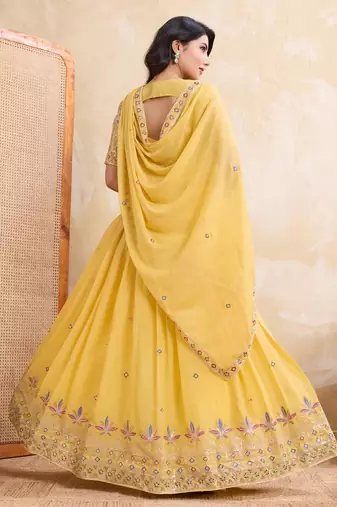 Enchanting yellow Embroidery sequins work Star Georgette Indian wedding lehenga Choli dress