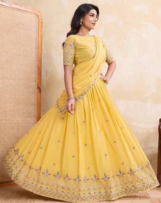 Enchanting yellow Embroidery sequins work Star Georgette Indian wedding lehenga Choli dress 5