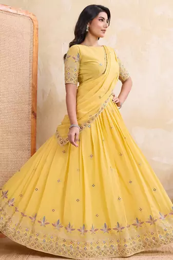 Enchanting yellow Embroidery sequins work Star Georgette Indian wedding lehenga Choli dress