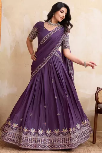 Mesmerizing purple Sequins and Thread Embroidered Star Georgette indian designer lehenga Choli dress