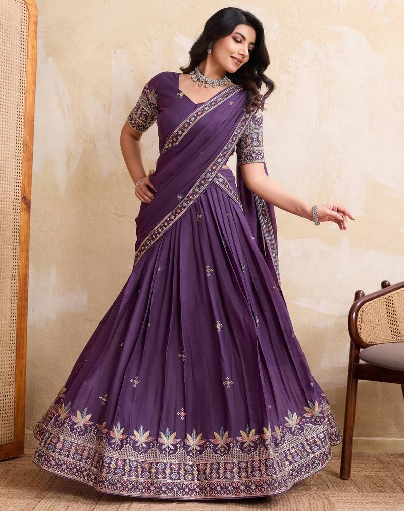 Mesmerizing purple Sequins and Thread Embroidered Star Georgette indian designer lehenga Choli dress