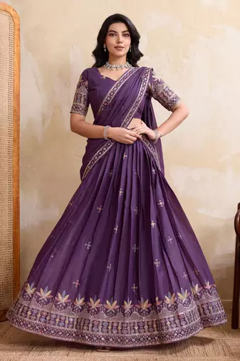 Mesmerizing purple Sequins and Thread Embroidered Star Georgette indian designer lehenga Choli dress