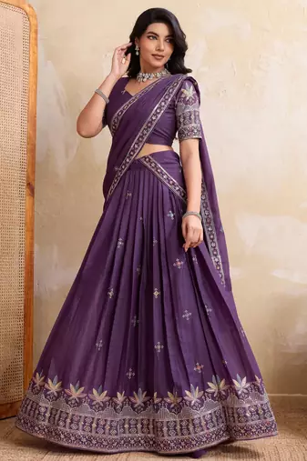 Mesmerizing purple Sequins and Thread Embroidered Star Georgette indian designer lehenga Choli dress
