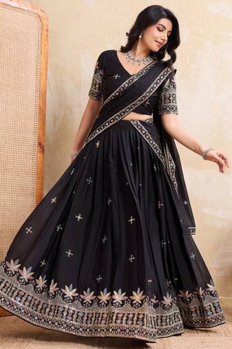 Catching black sequins embroidery work Star Georgette indian designer wedding lehenga Choli dress