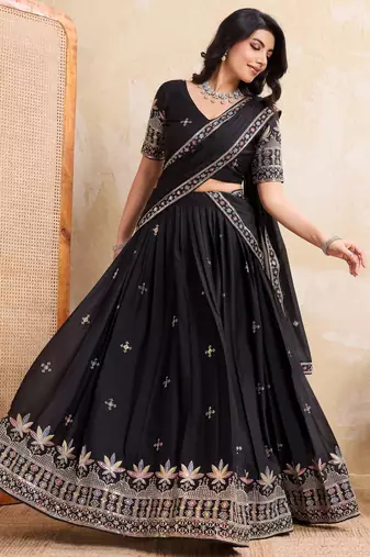 Catching black sequins embroidery work Star Georgette indian designer wedding lehenga Choli dress