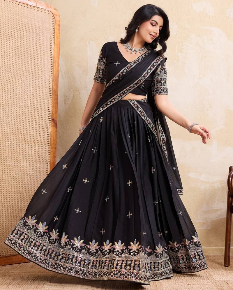 Catching black sequins embroidery work Star Georgette indian designer wedding lehenga Choli dress