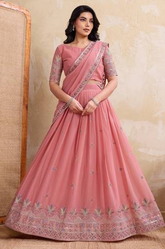 Delightful pink Thread and Sequins Embroidery Star Georgette designer wedding indian lehenga Choli dress