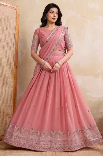Delightful pink Thread and Sequins Embroidery Star Georgette designer wedding indian lehenga Choli dress