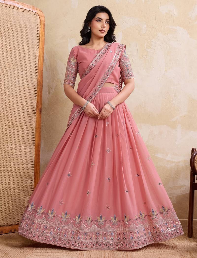 Delightful pink Thread and Sequins Embroidery Star Georgette designer wedding indian lehenga Choli dress