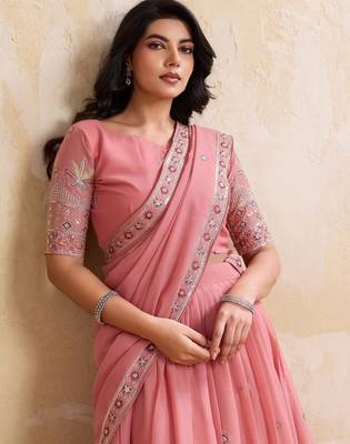 Delightful pink Thread and Sequins Embroidery Star Georgette designer wedding indian lehenga Choli dress 2