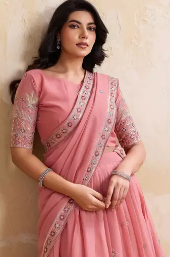 Delightful pink Thread and Sequins Embroidery Star Georgette designer wedding indian lehenga Choli dress
