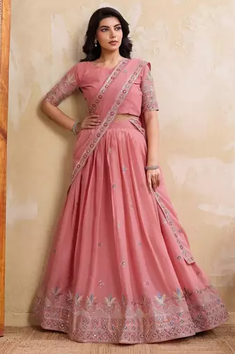 Delightful pink Thread and Sequins Embroidery Star Georgette designer wedding indian lehenga Choli dress