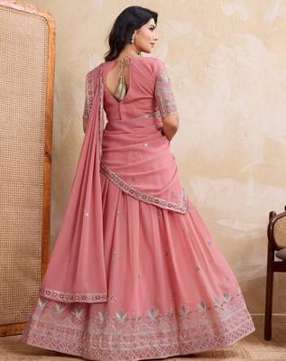Delightful pink Thread and Sequins Embroidery Star Georgette designer wedding indian lehenga Choli dress 4