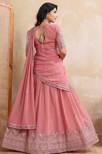 Delightful pink Thread and Sequins Embroidery Star Georgette designer wedding indian lehenga Choli dress