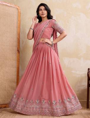 Delightful pink Thread and Sequins Embroidery Star Georgette designer wedding indian lehenga Choli dress 5